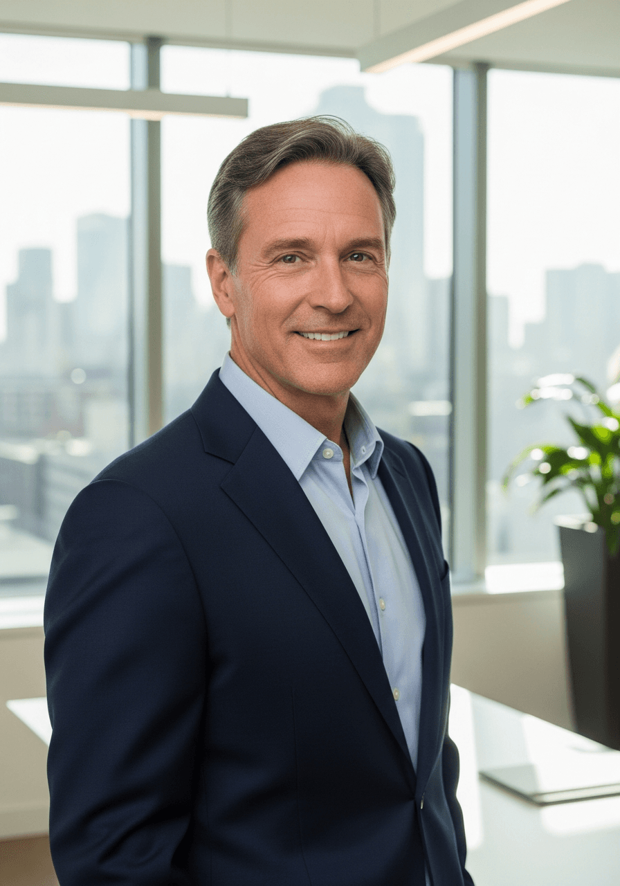 Confident business executive standing in a modern office overlooking the city