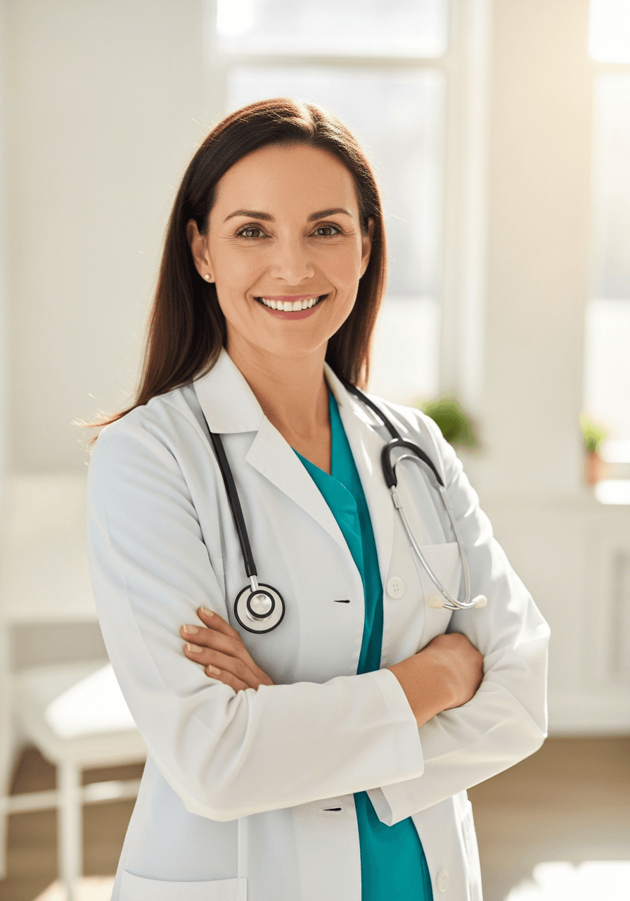 Smiling female physician with a stethoscope in a bright modern clinic