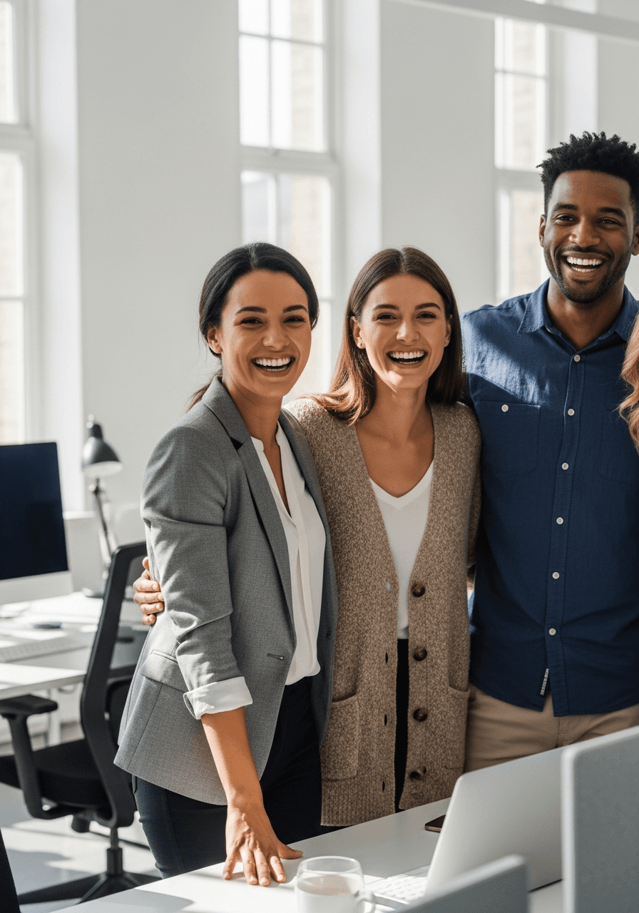 Diverse team of professional employees smiling together in a bright workplace