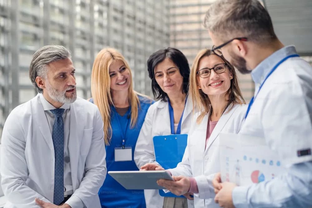Group of doctors on conference discussing medical issues during team meeting